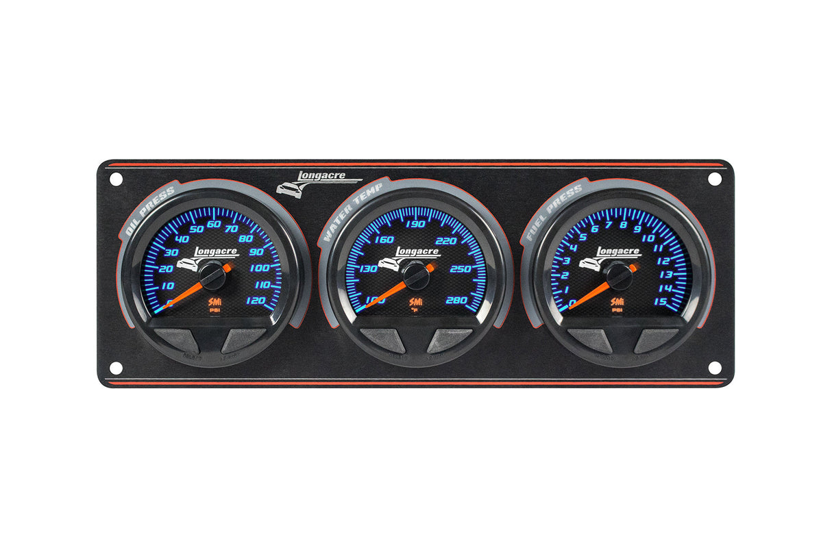 Longacre SMi™ Elite Waterproof Gauge Panel, 3 Gauge Oil Pressure/Water Temperature/Fuel Pressure 15psi - 52-44562