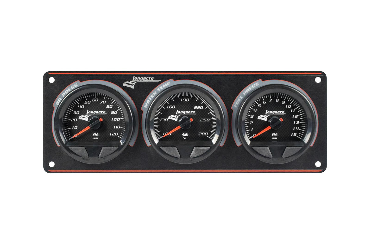 Longacre SMi™ Elite Waterproof Gauge Panel, 3 Gauge Oil Pressure/Water Temperature/Fuel Pressure 15psi - 52-44562