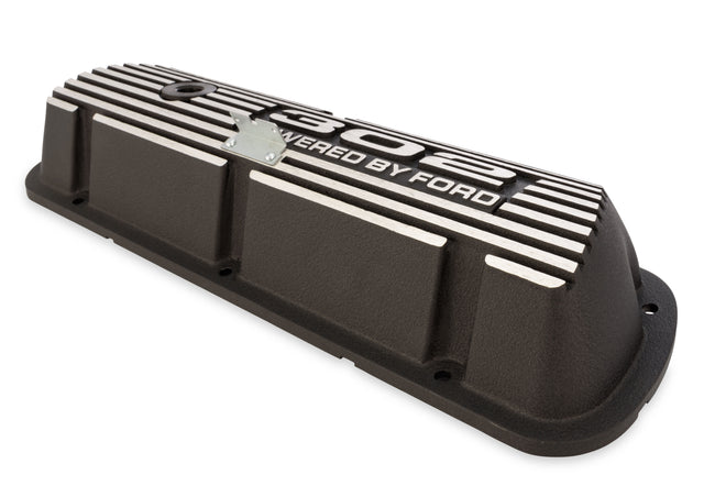 Scott Drake Aluminum Valve Cover w/302 Powered by Ford Logo Wrinkle Black Finish - 6A582-302