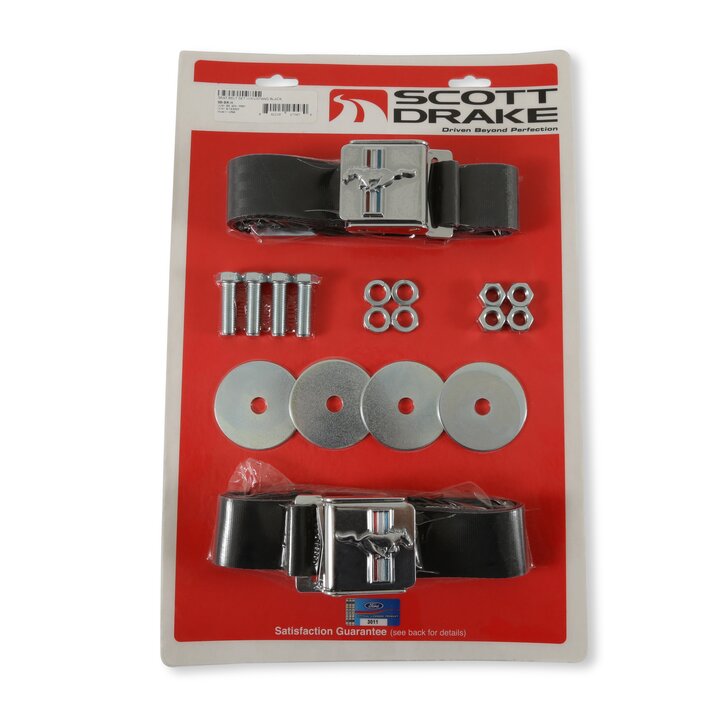 Scott Drake Seat Belt with Tri-Bar Running Horse Emblem Pair Black - SB-BK-H