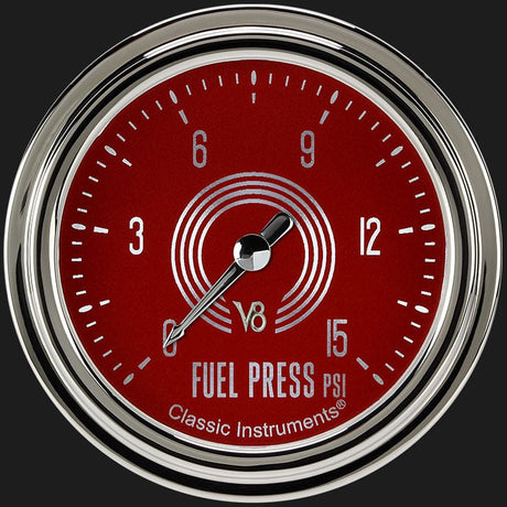 Classic Instruments V8 Red Steelie 2 5/8" Fuel Pressure Gauge, 15 psi - V8RS345SLC