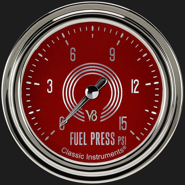 Classic Instruments V8 Red Steelie 2 5/8" Fuel Pressure Gauge, 15 psi - V8RS345SLC