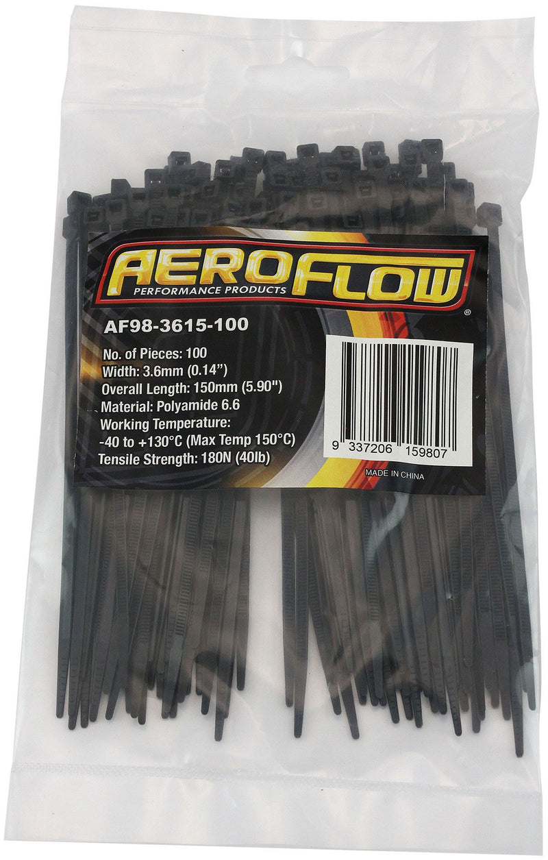 Aeroflow Heat Resistant Cable Ties 3.6mm Wide x 150mm Long - 100 Pack (AF98-3615-100)