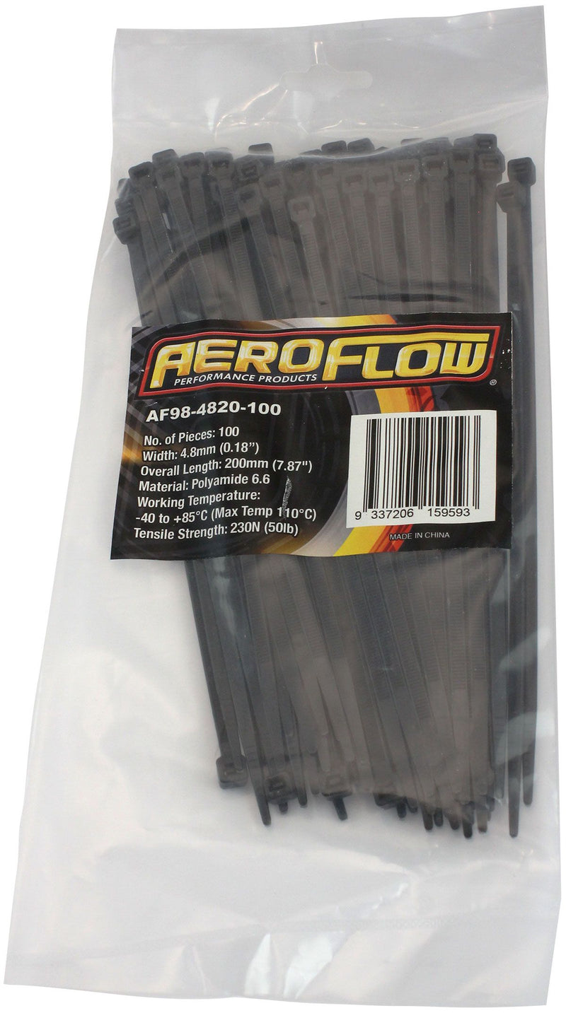 Aeroflow Standard Cable Ties 4.8mm Wide x 200mm Long - 100 Pack (AF98-4820-100)