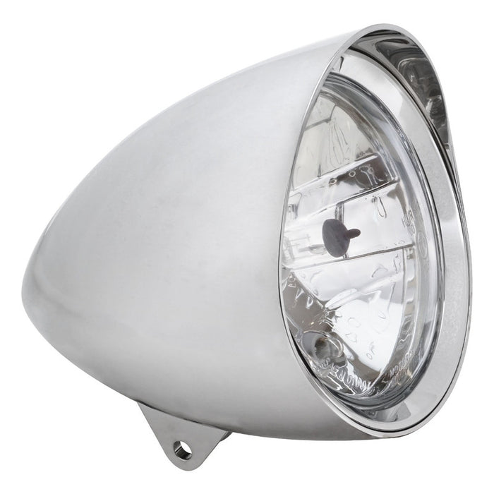 Attitude Inc Indian Style Headlight, 5 3/4 Inch Dia , 216mm Long ,Visor Round Tip ,Chrome E Marked - ATT-512220R