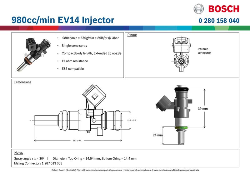 Proflow Bosch Motorsport Fuel Injector, 980cc, EV14 Jetronic, Short Body Length with Extended Tip, 0280158040, Each - PFE-INJ040