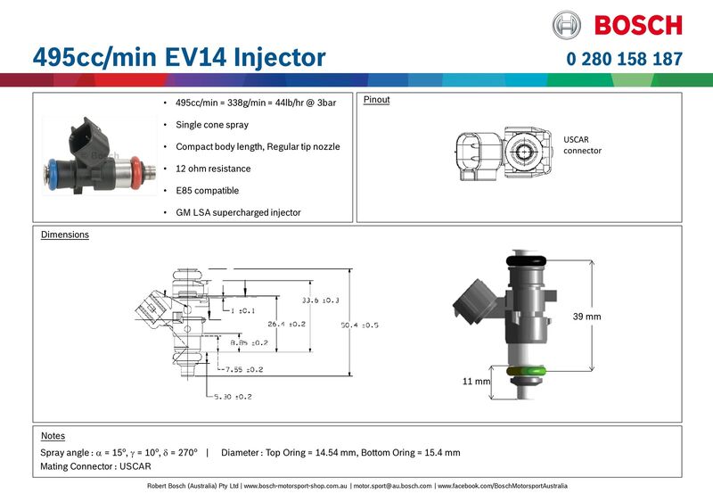 Proflow Bosch Motorsport Fuel Injector, 495cc, EV14 USCAR, Short Body Length, Suit Holden LSA, 0280158187, Each - PFE-INJ187