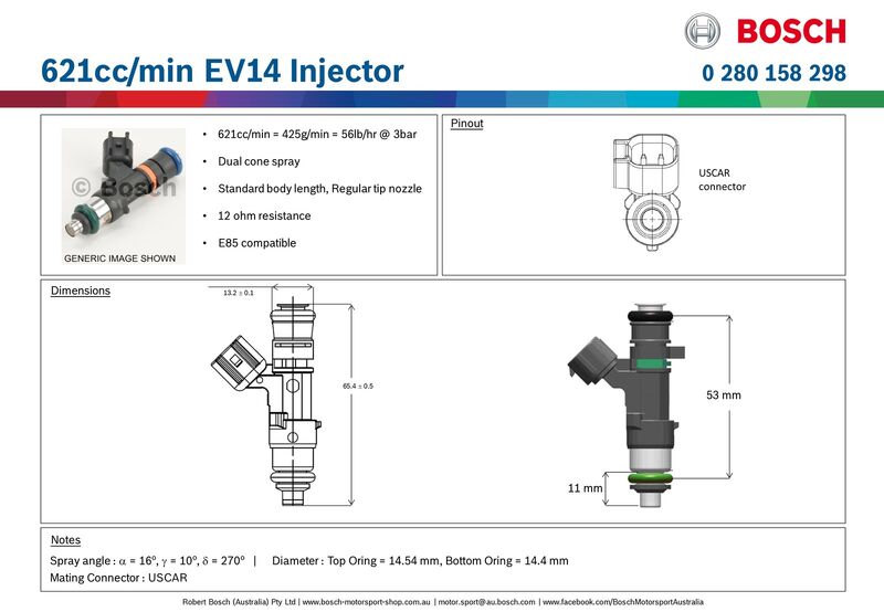 Proflow Bosch Motorsport Fuel Injector, 621cc, EV14 USCAR, Standard Body Length, 0280158298, Each - PFE-INJ298