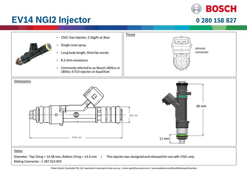 Proflow Bosch Motorsport Fuel Injector, 1680cc, EV14 CNG Jetronic, Long Body Length, 0280158827, Each - PFE-INJ827