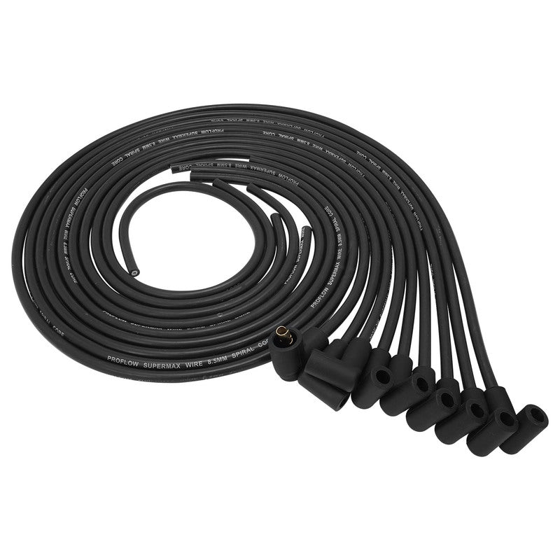 Proflow SuperMax Wire, Ignition Lead Kit, 8.5mm Spiral Core, Black, 90 Deg Plug, Hei & Socket Cap, Universal, V8 with Separator Set - PFE-L85090BK PFE-L85090BK