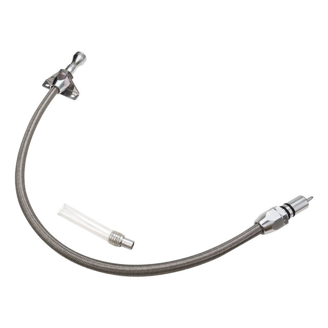 Proflow Transmission Dipstick, Braided Stainless Steel, Polished, Firewall Mount, TH350. TH400, Case Fill, Each - PFE-R5104 PFE-R5104