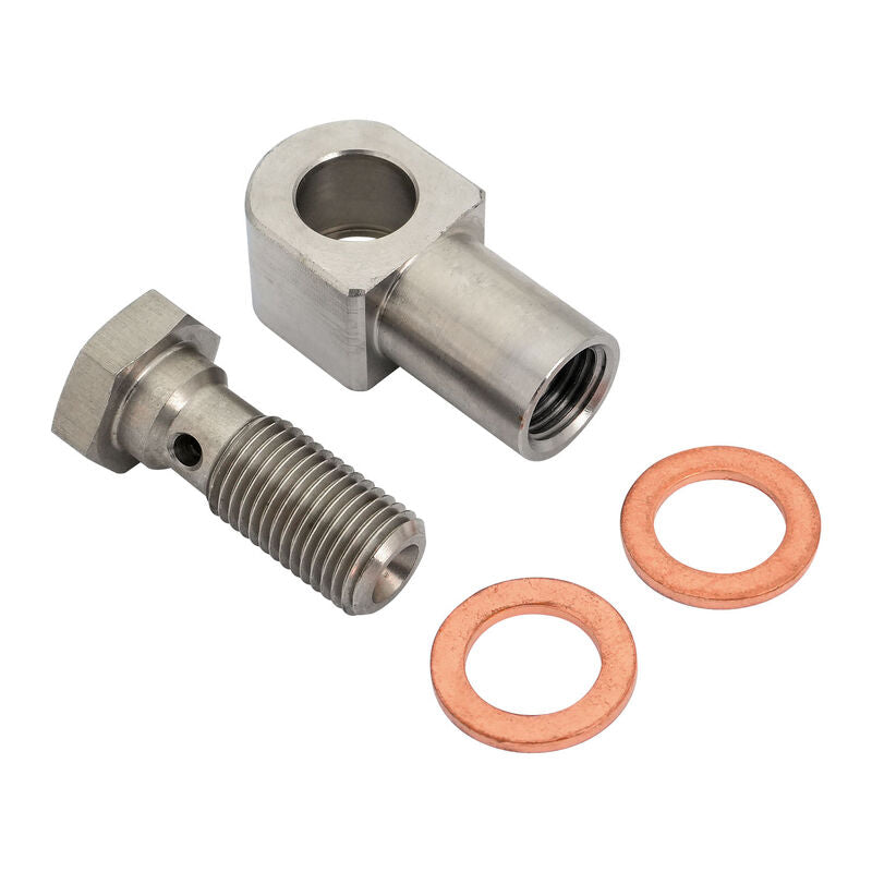 Proflow Stainless Steel Banjo, 3/8'' Hole to 3/8"-24 UNF 45 Degree Seat For Bubble Flare, Suits 3/16''Brake Line, Stainless Bolt, Copper Washers, Kit - PFE315-03KT PFE315-03KT