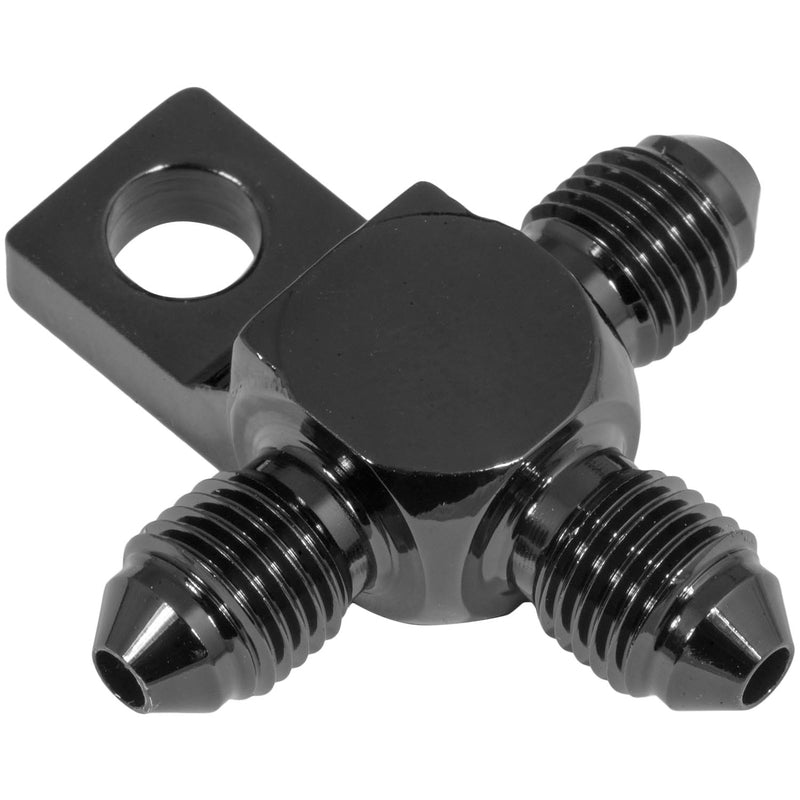 Proflow Black Hose End Tee Block -03AN w/Mount Tab - PFE326-03BK PFE326-03BK