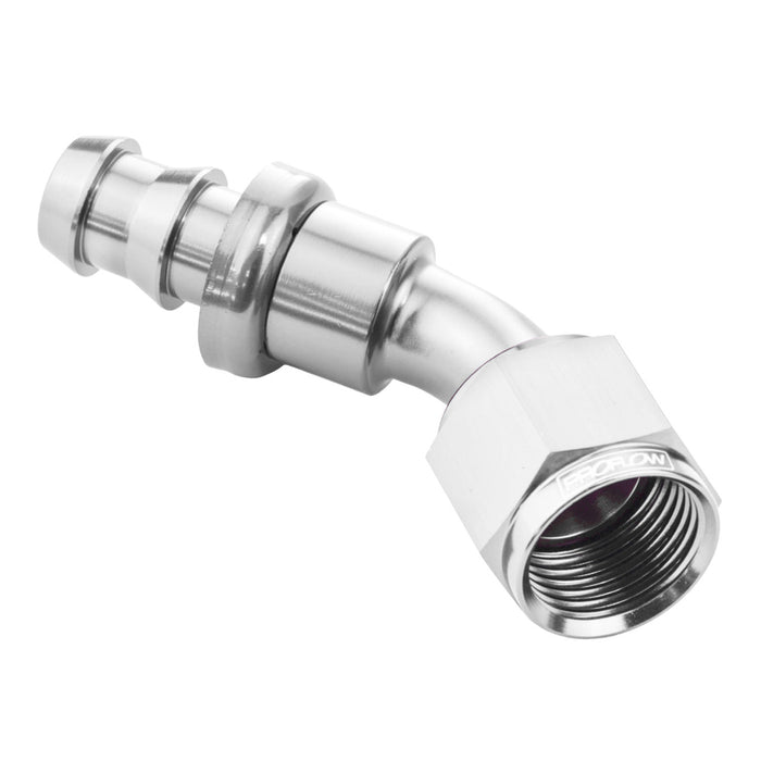 Proflow 45 Degree Push Lock Hose End Barb 5/8'' To Female -10AN, Polished - PFE402-10HP