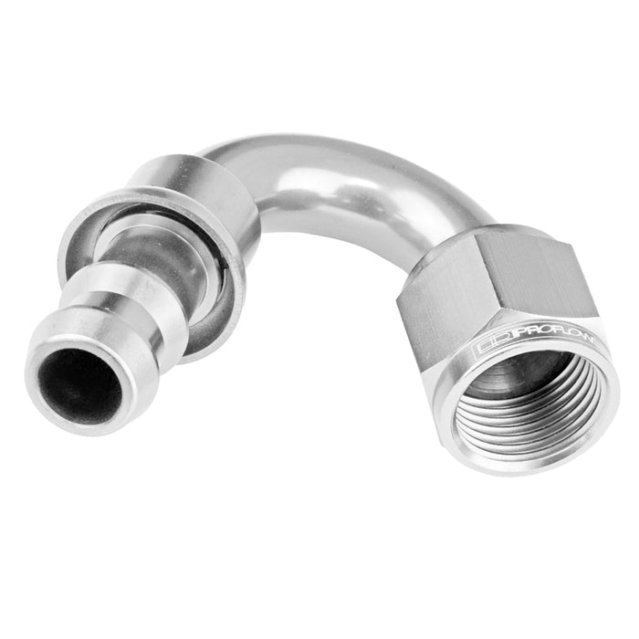 Proflow 150 Degree Push Lock Hose End Barb 1/4'' To Female -04AN, Polished - PFE405-04HP