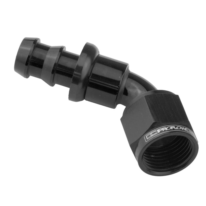 Proflow 60 Degree Push Lock Hose End Barb 3/8'' To Female -06AN, Black - PFE410-06BK