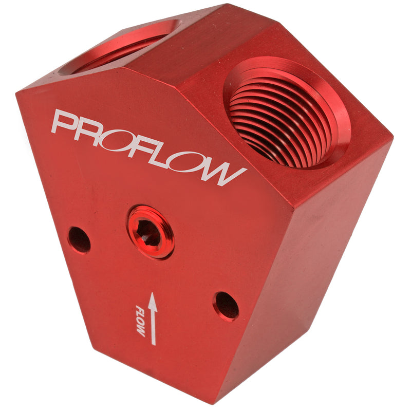 Proflow Fuel Block, Y-Type, Billet Aluminium, Red Anodised, 1/2in. in. NPT Female Inlet, 3/8 in. NPT Female Outlets, 1/8in. NPT Gauge Port - PFE451-10-08R PFE451-10-08R