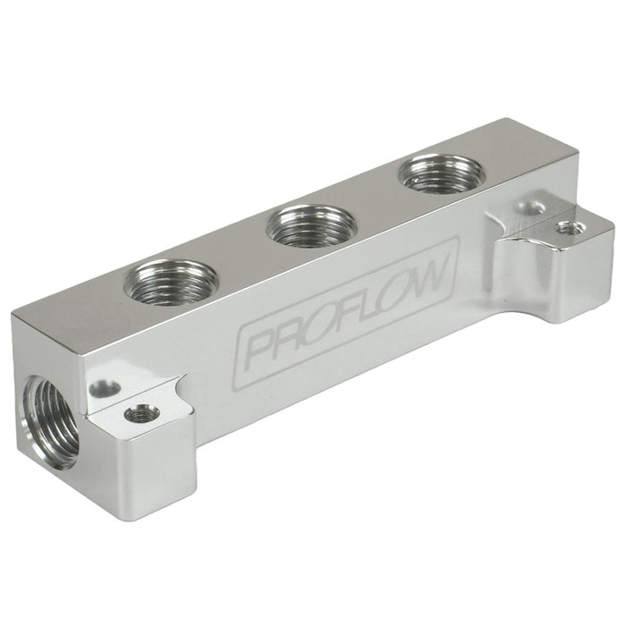 Proflow Fuel Block Log -06AN Side Ports & 3 x -06AN Ports, Silver - PFE456-06-06P