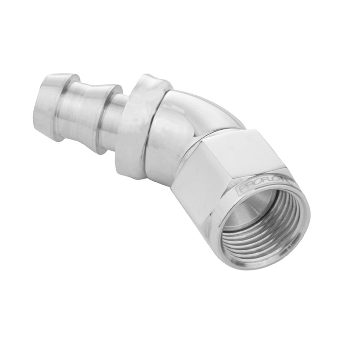 Proflow 45 Degree Fitting Hose End Full Flow Barb to Female -04AN, Polished - PFE512-04HP