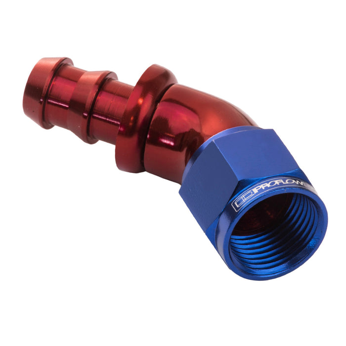 Proflow 45 Degree Fitting Hose End Full Flow Barb to Female -04AN, Blue/Red - PFE512-04