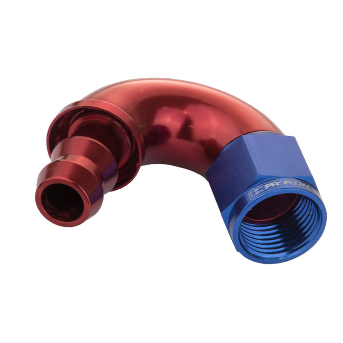 Proflow 150 Degree Fitting Hose End Full Flow Barb to Female -06AN, Blue/Red - PFE515-06