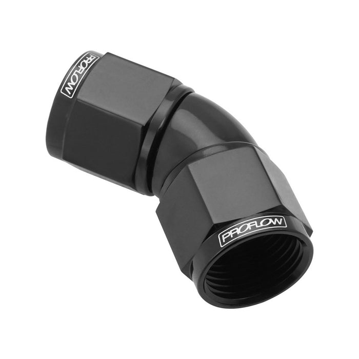 Proflow 45 Degree Female Flare Union Full Flow Swivel Hose End -3AN, Black - PFE534-03BK