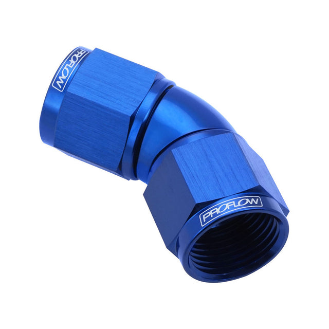 Proflow 45 Degree Female Flare Union Full Flow Swivel Hose End -06AN, Blue - PFE534-06 PFE534-06