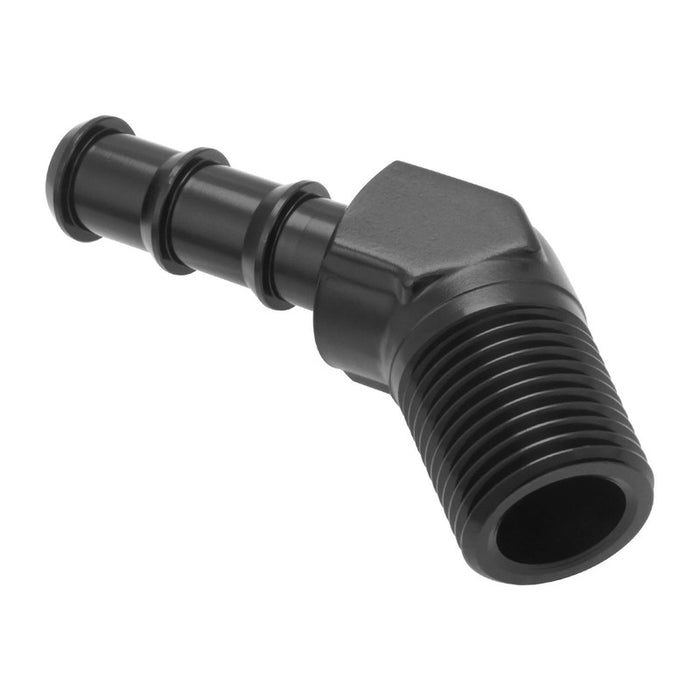 Proflow 45 Degree 1/2in. Barb Male Fitting To 1/2in. NPT, Black - PFE845-08-08BK