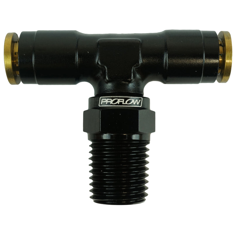 Proflow Fitting, Push To Connect Nylon Tube Tee 1/4in. Nylon Tube To 1/4in. NPT, Black - PFE854-04BK PFE854-04BK