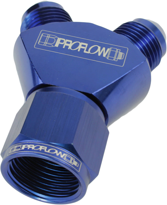 Proflow Y-Block -08AN Female Swivel To Dual -06AN Male, Blue - PFE931-08-06 PFE931-08-06