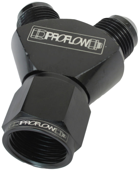 Proflow Y-Block -08AN Female Swivel To Dual -06AN Male, Black - PFE931-08-06BK