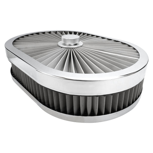 Proflow Air Filter Assembly Flow Top Oval Stainless Steel 12in. x 9in. x 2in. Suit 5-1/8in. Flat Base - PFEAF-300051S