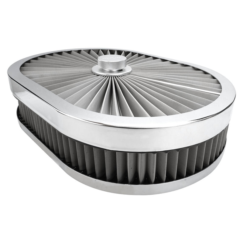 Proflow Air Filter Assembly Flow Top Oval Stainless Steel 12in. x 9in. x 3in. Suit 5-1/8in. Flat Base - PFEAF-300076S