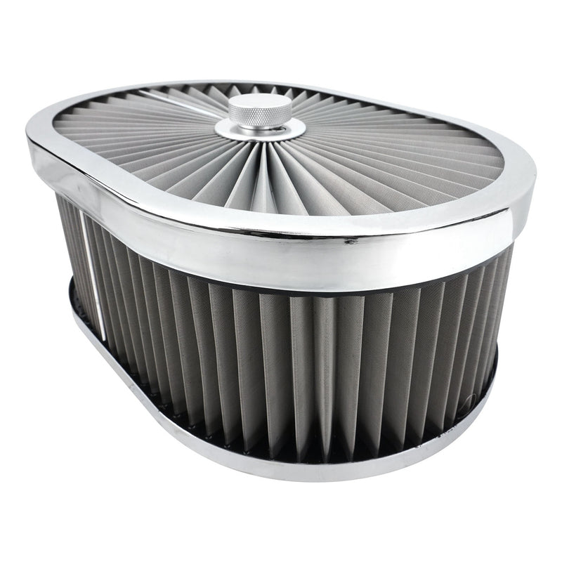 Proflow Air Filter Assembly Flow Top Oval Stainless Steel 12in. x 9in. x 4in. Suit 5-1/8in. Flat Base - PFEAF-300102S