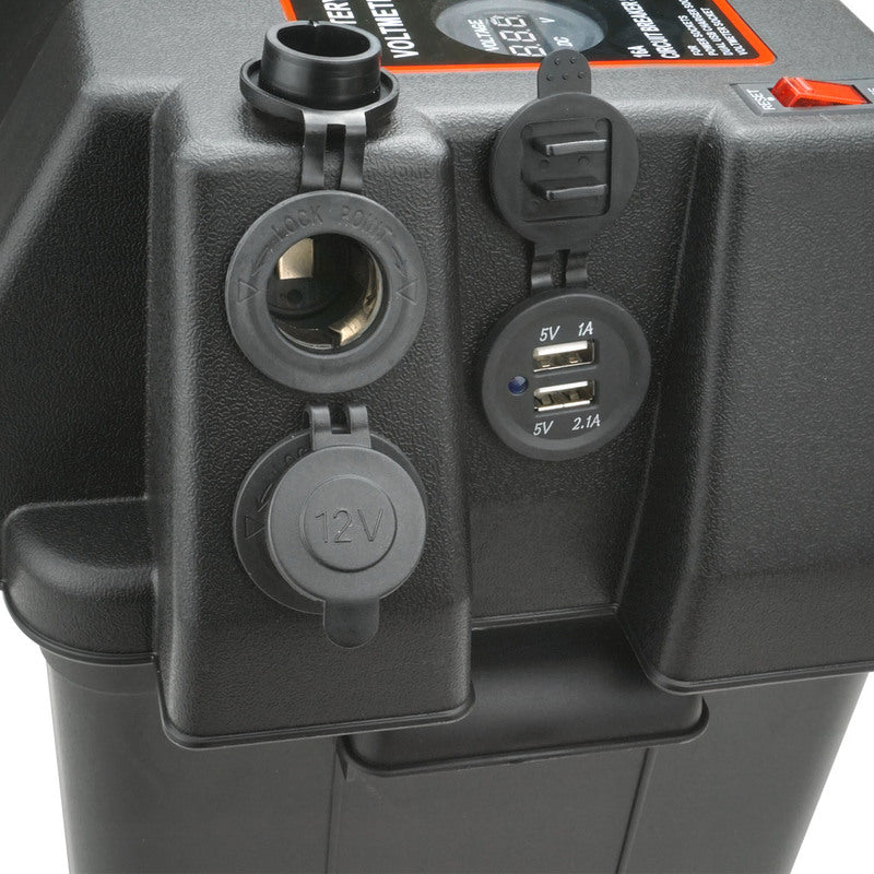 Proflow Battery Box Kit , Portable Power Storage Marine, Cig & USB Socket, Volt Meter Display, 16A ,External Size 435W x 265D x 330H . - PFEBT-880