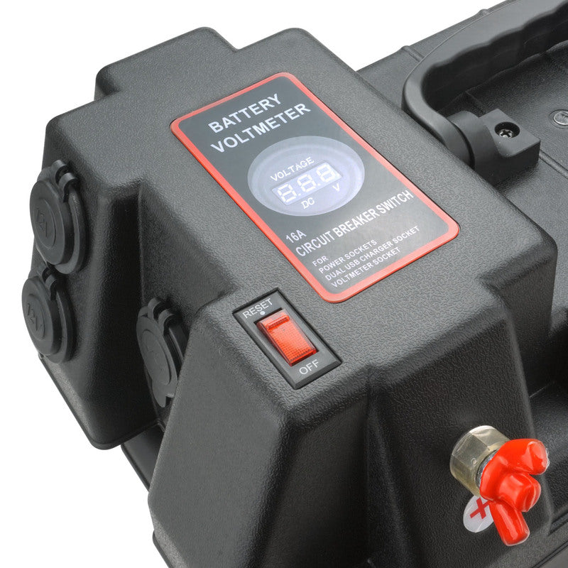 Proflow Battery Box Kit , Portable Power Storage Marine, Cig & USB Socket, Volt Meter Display, 16A ,External Size 435W x 265D x 330H . - PFEBT-880