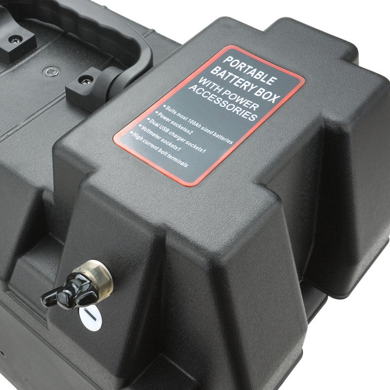 Proflow Battery Box Kit , Portable Power Storage Marine, Cig & USB Socket, Volt Meter Display, 16A ,External Size 435W x 265D x 330H . - PFEBT-880