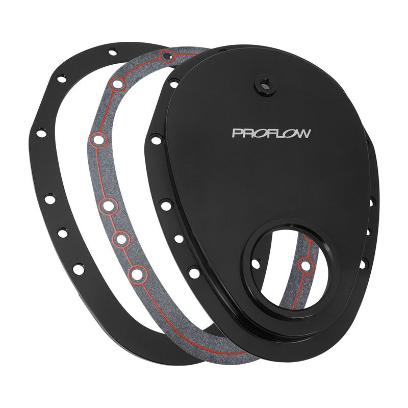 Proflow Timing Cover, 2-piece, Billet Aluminium, Black Anodised, Silicone Bead Gasket, SB For Chevrolet V8 Small Block, Kit - PFECTCBK PFECTCBK