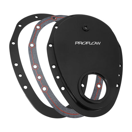 Proflow Timing Cover, 2-piece, Billet Aluminium, Black Anodised, Silicone Bead Gasket, SB For Chevrolet V8 Small Block, Kit - PFECTCBK PFECTCBK