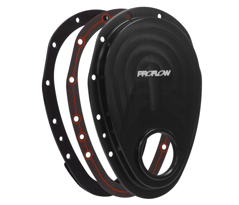 Proflow Timing Cover, 2-piece, Billet Aluminium, Black Anodised, Silicone Bead Gasket, SB For Chevrolet V8 Small Block, Kit - PFECTCBK