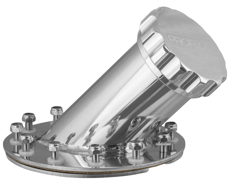 Proflow Fuel Filler Neck Aluminium Polished, 45 Degree, 60mm Diameter Neck, 12-Bolt Flange, 4.75'' PCD, Each - PFEFCA001P PFEFCA001P