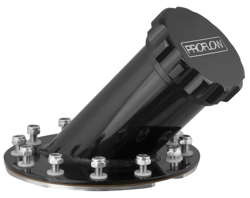Proflow Fuel Filler Neck Aluminium Black, 45 Degree, 60mm Diameter Neck, 12-Bolt Flange, 4.75'' PCD, Each - PFEFCA001 PFEFCA001