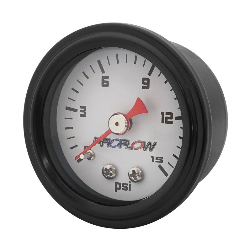 Proflow Fuel Pressure Gauge 0-15PSI, Stainless Steel, Black Body/White Face 40mm, Each - PFEFG-015-2 PFEFG-015-2