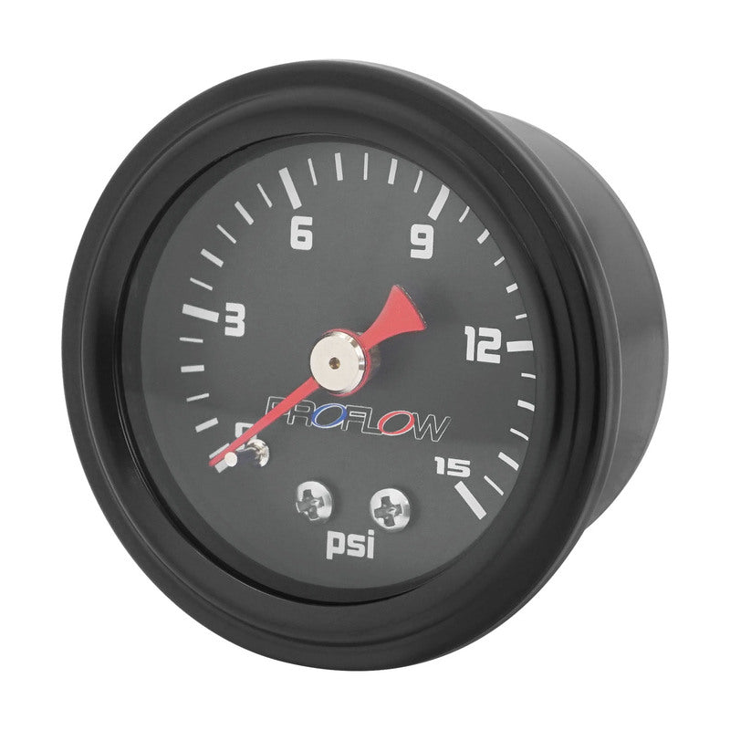 Proflow Fuel Pressure Gauge 0-15PSI, Stainless Steel, Black Body/Black Face 40mm, Each - PFEFG-015BK-2 PFEFG-015BK-2