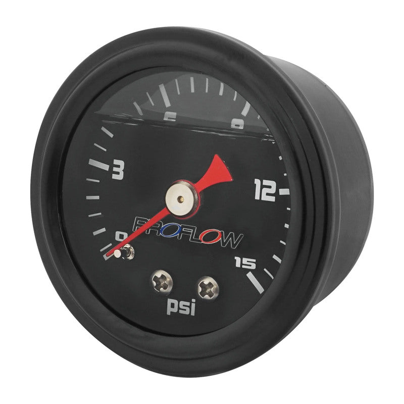 Proflow Fuel Pressure Gauge 0-15PSI, Stainless Steel, Black Body/Black Face Liquid Filled 40mm, Each - PFEFG-015LFBK-2 PFEFG-015LFBK-2