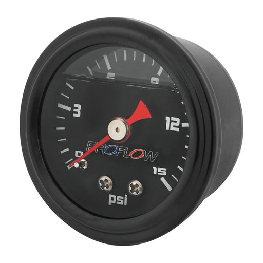 Proflow Fuel Pressure Gauge 0-15PSI, Stainless Steel, Black Body/Black Face Liquid Filled 40mm, Each - PFEFG-015LFBK-2 PFEFG-015LFBK-2