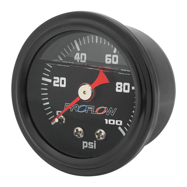 Proflow Fuel Pressure Gauge 0-100PSI, Stainless Steel, Black Body/Black Face Liquid Filled 40mm, Each - PFEFG-100LFBK-2 PFEFG-100LFBK-2