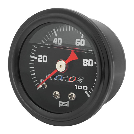 Proflow Fuel Pressure Gauge 0-100PSI, Stainless Steel, Black Body/Black Face Liquid Filled 40mm, Each - PFEFG-100LFBK-2 PFEFG-100LFBK-2