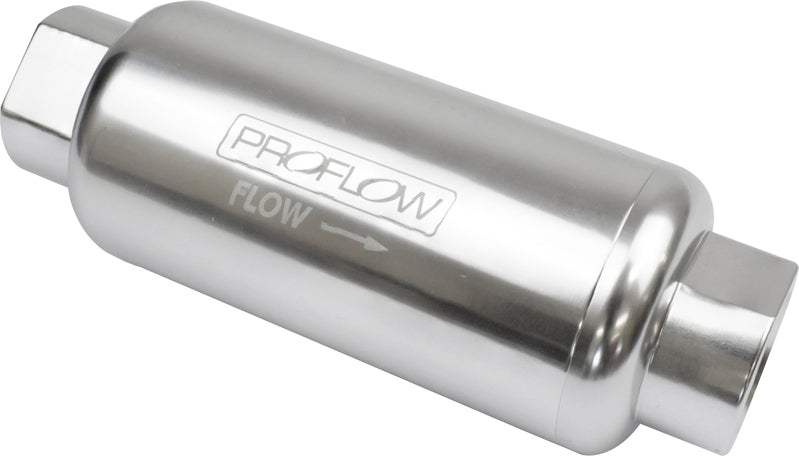 Proflow Fuel Filter, Inline Mount, 10 Microns, Billet Aluminium, Silver Anodised, 140mm length -10 AN Inlet/Outlet - PFEFS301P-10 PFEFS301P-10