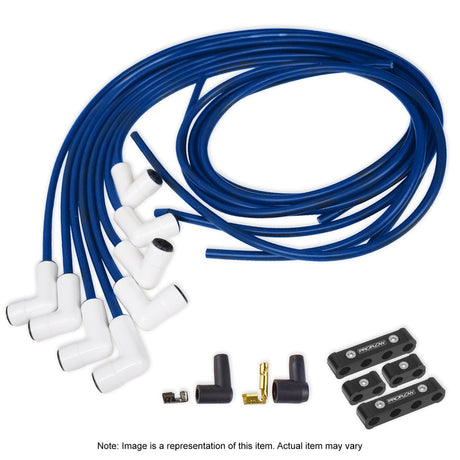 Proflow Spark Plug Pro Lead Wires, White Ceramic, 8mm Spiral Core, Blue, 90 degree Boots, Universal, V8, Set - PFEIGLS598BL PFEIGLS598BL